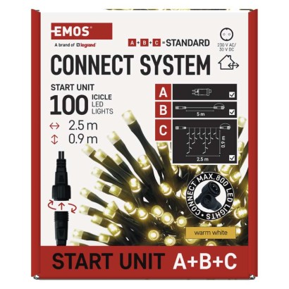 Oświetlenie łączone - zestaw zasilacz - sople 100LED 2,5m ciepła biel, timer