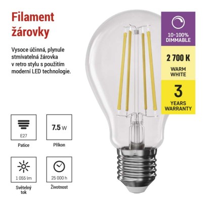 LED žárovka Filament A60 / E27 / 7,5W (75 W) / 1 055 lm / teplá bílá / stmívatelná