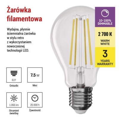 Żarówka LED Filament A60 / E27 / 7,5 W (75 W) / 1 055 lm / ciepła biel / ściemnialna