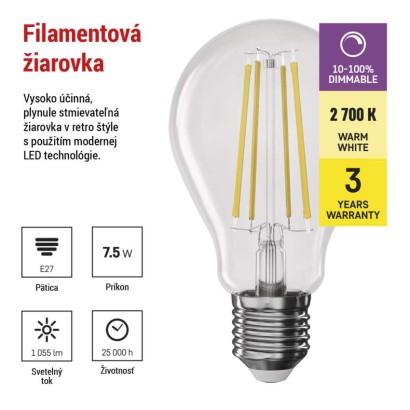 LED žiarovka Filament A60 / E27 / 7,5 W (75 W) / 1 055 lm / teplá biela / stmievateľná