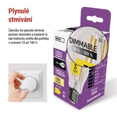 LED žárovka Filament A60 / E27 / 7,5W (75 W) / 1 055 lm / teplá bílá / stmívatelná