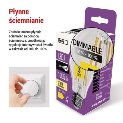 Żarówka LED Filament A60 / E27 / 7,5 W (75 W) / 1 055 lm / ciepła biel / ściemnialna