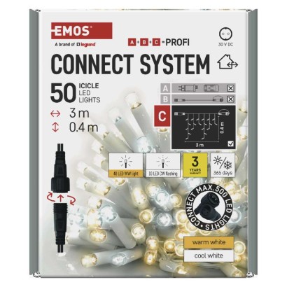 Oświetlenie łączone Profi- sople 50LED 3m ciepła+zim biel, biały błysz przewód IP44