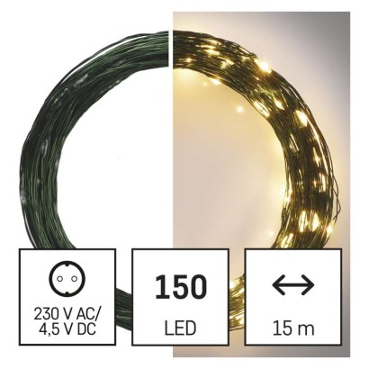 LED karácsonyi nano fényfüzér, zöld, 15 m, kültéri és beltéri, meleg fehér, időzítő