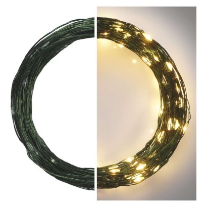 LED karácsonyi nano fényfüzér, zöld, 15 m, kültéri és beltéri, meleg fehér, időzítő