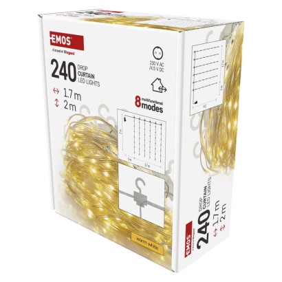 Dekoracje - 240 LED drop kurtyna 1,7x2m ciepła biel, 8 programów, IP44