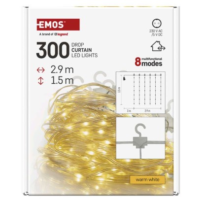 LED karácsonyi drop fényfüzér – fényfüggöny, 2,9x1,5 m, kültéri és beltéri, meleg fehér