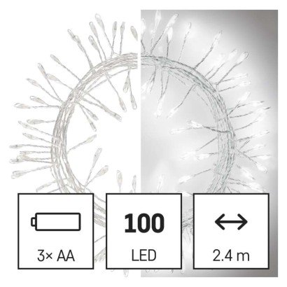 Dekoracje - 100LED small nano łezki, jeżyk, 2,4m 3xAA zimna biel, sreb przew, IP20, timer