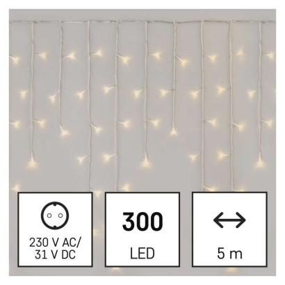 Oświetlenie świątecz. sople 300LED 5m ciepła biel, przeź. przew.,8 programów, timer, pilot