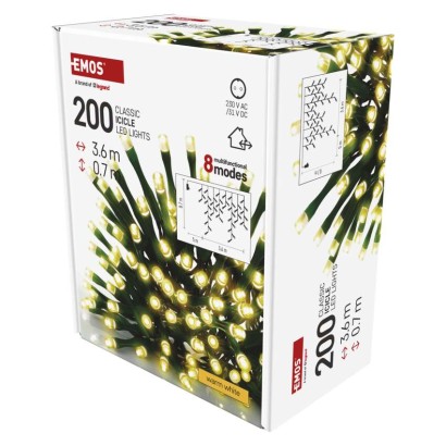 Oświetlenie świąteczne sople 200 LED 3,6m, ciepła biel, zielony przew., 8 programów