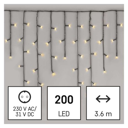 Oświetlenie świąteczne sople 200 LED 3,6m, ciepła biel, zielony przew., 8 programów