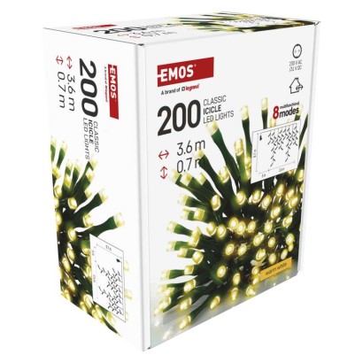 Oświetlenie świąteczne sople 200 LED 3,6m, ciepła biel, zielony przew., 8 programów