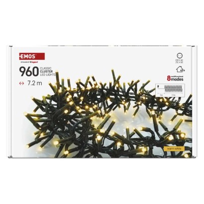 Lampki choinkowe LED Cluster, jeżyk, 960LED 7,2m, ciepła biel, 64 programów, IP44 timer