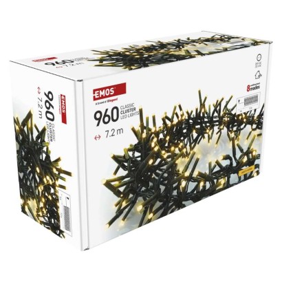 Lampki choinkowe LED Cluster, jeżyk, 960LED 7,2m, ciepła biel, 64 programów, IP44 timer