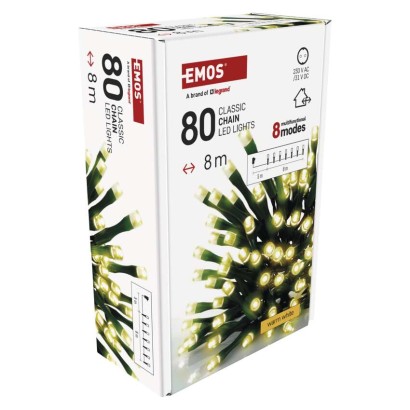 LED Ziemassvētku virtene, 8 m, liet. ārā un iekštelpās, silti balta, 8 r., ar taim.