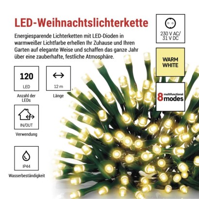 LED Weihnachtliche Lichterkette, 12 m, Außen/Innen, warmweiß, Programme, Timer