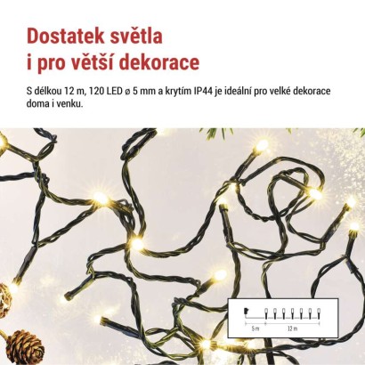 LED vánoční řetěz, 12 m, venkovní i vnitřní, teplá bílá, programy, časovač