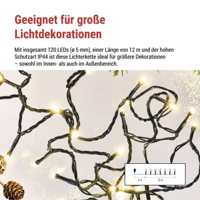 LED Weihnachtliche Lichterkette, 12 m, Außen/Innen, warmweiß, Programme, Timer
