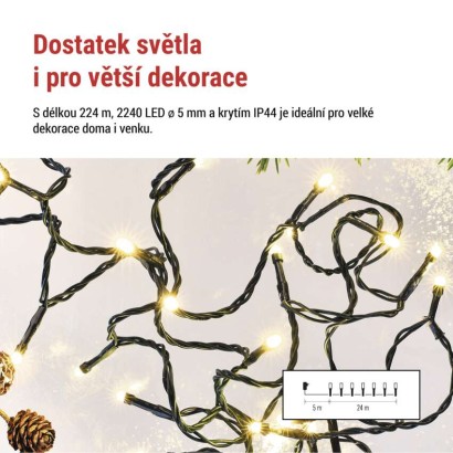LED vánoční řetěz, 24 m, venkovní i vnitřní, teplá bílá, programy, časovač