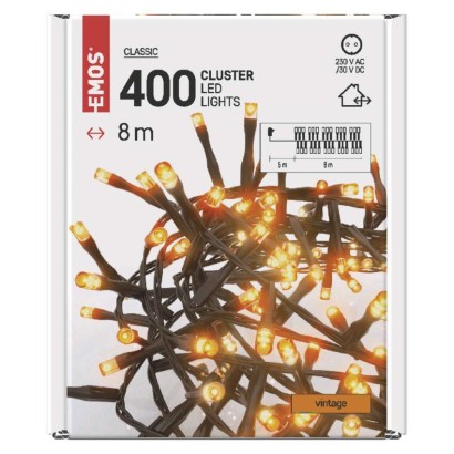 LED vianočná reťaz – cluster, 8 m, vonkajšia aj vnútorná, vintage, časovač