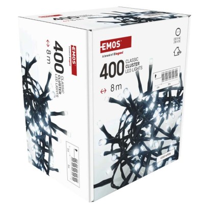 Lampki choinkowe LED Classic Cluster, jeżyk, 400 LED 8m, zimna biel, czarny, IP44, timer