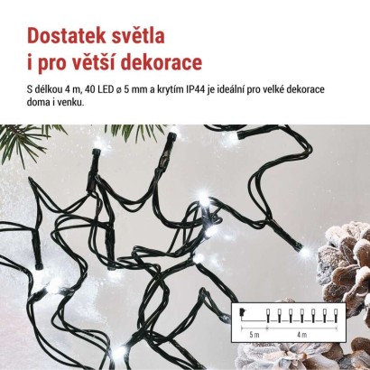 LED vánoční řetěz, 4 m, venkovní i vnitřní, studená bílá, programy, časovač