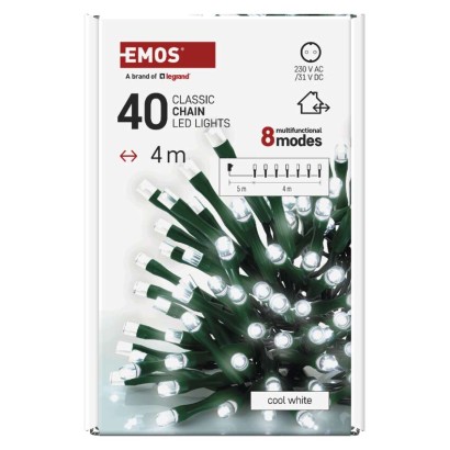 LED karácsonyi fényfüzér, 4 m, kültéri és beltéri, hideg fehér, progr, időz.