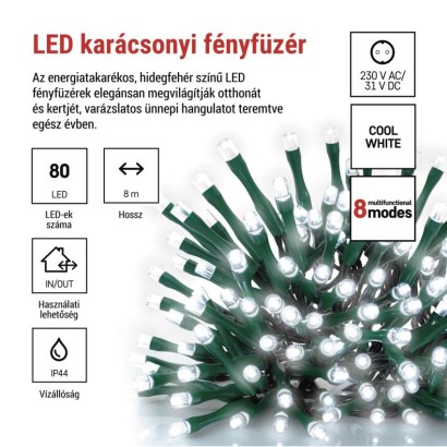 LED karácsonyi fényfüzér, 8 m, kültéri és beltéri, hideg fehér, progr, időz.