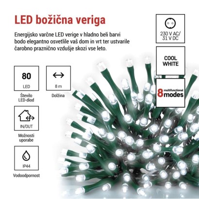 LED božična veriga, 8 m, zunanja in notranja, hladna bela, programi, časovnik