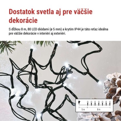 LED vianočná reťaz, 8 m, vonkajšia aj vnútorná, studená biela, programy, časovač