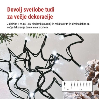 LED božična veriga, 8 m, zunanja in notranja, hladna bela, programi, časovnik