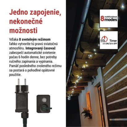 LED vianočná reťaz, 8 m, vonkajšia aj vnútorná, studená biela, programy, časovač