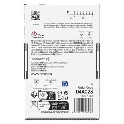 LED Ziemassvētku virtene, 12 m, lietošanai ārā un iekštelpās, auksti balta, 8 r., ar taim.