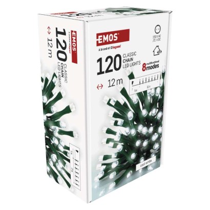 LED Ziemassvētku virtene, 12 m, lietošanai ārā un iekštelpās, auksti balta, 8 r., ar taim.