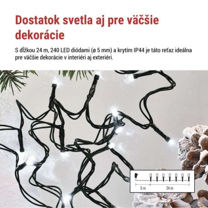 LED vianočná reťaz, 24 m, vonkajšia aj vnútorná, studená biela, programy, časovač