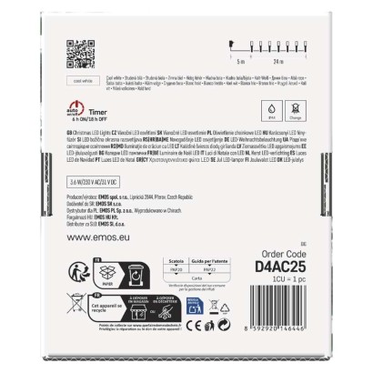 LED Ziemassvētku virtene, 24 m, lietošanai ārā un iekštelpās, auksti balta, 8 r., ar taim.