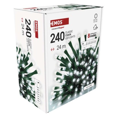 LED Ziemassvētku virtene, 24 m, lietošanai ārā un iekštelpās, auksti balta, 8 r., ar taim.