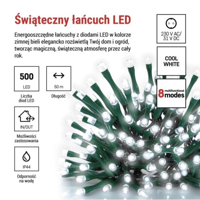 Lampki choinkowe Classic 500 LED 50m zimna biel, zielony przewód, IP44, 8 programów, timer