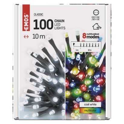 Lampki choinkowe 100LED 10m, 2 w 1 zimna biel lub multikolor, czarny, 8 programów, IP44