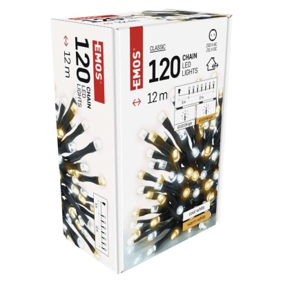 LED Ziemassvētku virtene, 12 m, liet. ārā un iekštelpās, silti/auksti balta, ar taimeru