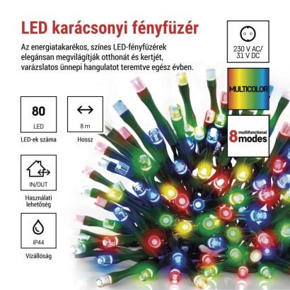 LED karácsonyi fényfüzér, 8 m, kültéri és beltéri, többszínű, progr, időz.
