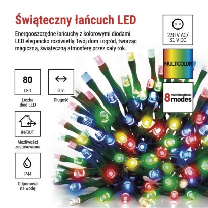 Lampki choinkowe Classic 80 LED 8m multikolor, zielony przewód, IP44, 8 programów, timer