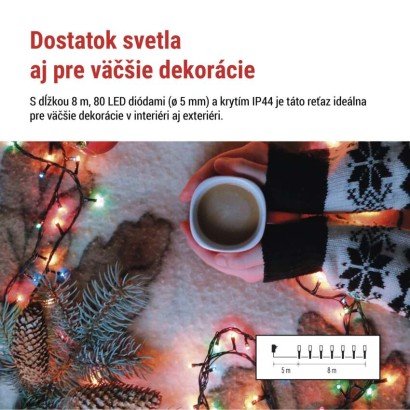 LED vianočná reťaz, 8 m, vonkajšia aj vnútorná, multicolor, programy, časovač