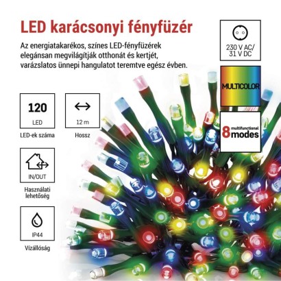 LED karácsonyi fényfüzér, 12 m, kültéri és beltéri, többszínű, progr, időz.