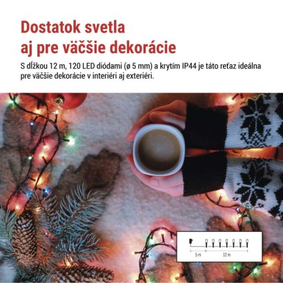 LED vianočná reťaz, 12 m, vonkajšia aj vnútorná, multicolor, programy, časovač