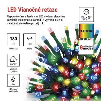 LED vianočná reťaz, 18 m, vonkajšia aj vnútorná, multicolor, programy, časovač