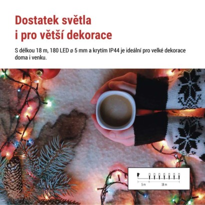 LED vánoční řetěz, 18 m, venkovní i vnitřní, multicolor, programy, časovač