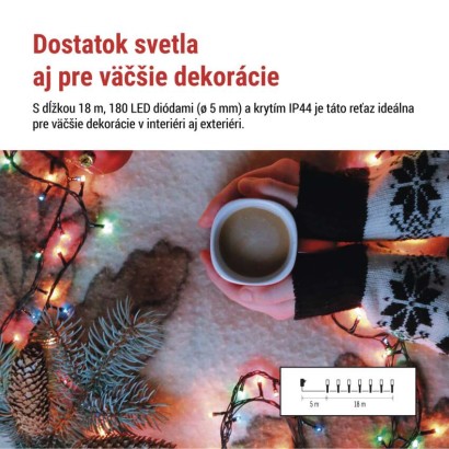 LED vianočná reťaz, 18 m, vonkajšia aj vnútorná, multicolor, programy, časovač