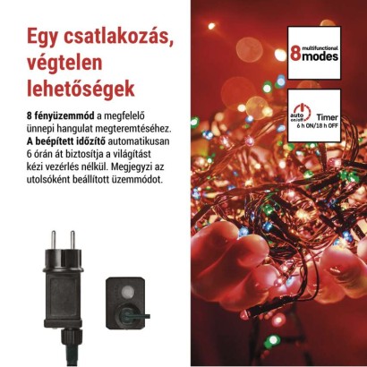 LED karácsonyi fényfüzér, 50 m, kültéri és beltéri, többszínű, progr, időz.