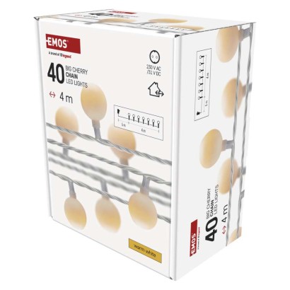 LED Ziemassvētku virtene – 2,5 cm bumb., 4 m, liet. ārā un iekšt., silti balta, ar taimeru